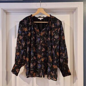 Per Una Top Womens US 14 Black Floral Metallic Bishop Sleeve Romantic Whimsigoth